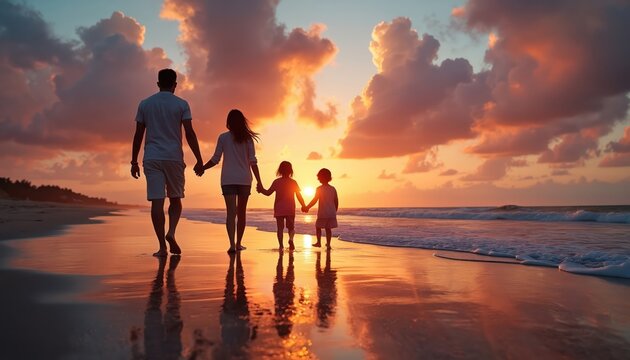 Family walks on sandy beach holding hands at golden sunset. Parents and two kids stroll by ocean water. Parents enjoy sea breeze, children play near waves. Parents and kids love vacation time.