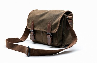 Naklejka premium Brown canvas messenger bag with leather accents sits on white backdrop. Versatile satchel features long adjustable strap for comfortable carrying, secure buckle closures. Practical design suits
