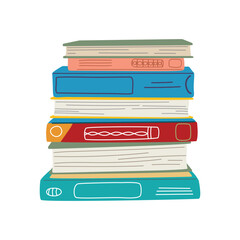 Stack of colorful textbooks. Hand drawn library books isolated on white. Education and learning concept. Bright flat vector illustration for school, university, and bookstore designs