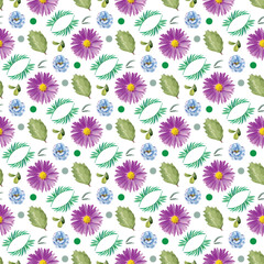 Colorful floral pattern featuring purple daisies and blue blossoms with greenery against a white background.