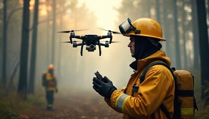 Fototapeta premium Firefighter uses drone for forest fire monitoring and control. Crew member operates drone remotely near burning woods. Safety tech aids wildfire response, detecting hazards from air.