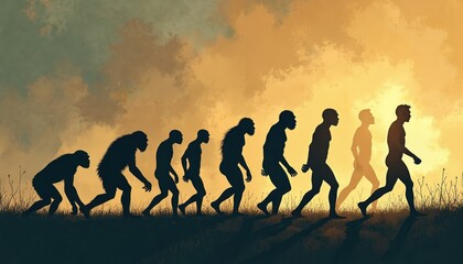 Silhouettes show primates transforming into humans moving across grassy plain at sunset. Represents entire human evolutionary progression from ape-like ancestors to modern man. Natural selection,