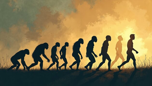 Silhouettes show primates transforming into humans moving across grassy plain at sunset. Represents entire human evolutionary progression from ape-like ancestors to modern man. Natural selection,