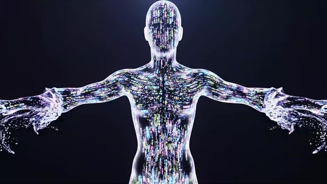 Digital human body with glitch effect and abstract colorful patterns, futuristic concept