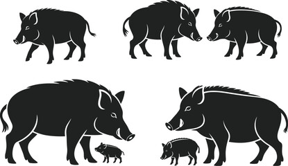 Stylized silhouettes of wild boars family group, adult and piglets, wildlife illustration, animal shapes, educational nature artwork ©  jahanara