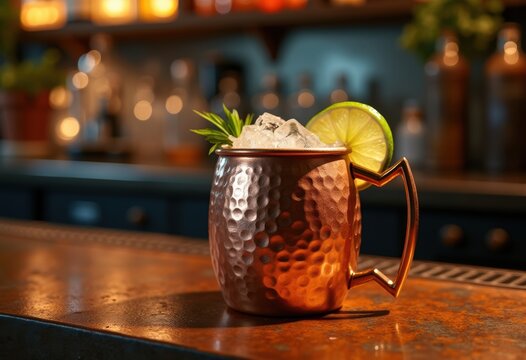 Authentic Copper Mug Citrus Refreshment Rustic Industrial Counter Background