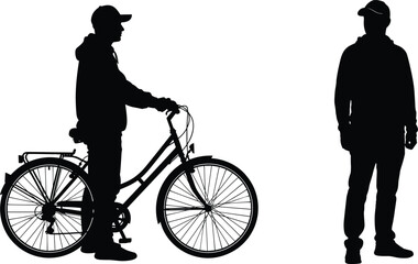 Obraz premium Black silhouettes of male cyclist with bicycle and standing man in hoodie isolated on white background for urban transport healthy lifestyle and sports design