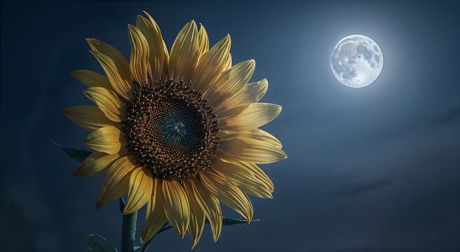A large sunflower stands under a bright full moon in a dark night sky with a shallow depth of field.