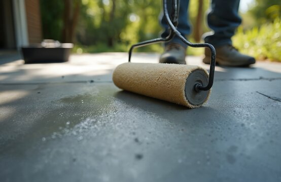 Person uses roller to seal concrete driveway outdoors. Homeowner applies protective coat for maintenance and repair work. Exterior surface upkeep project done on sunny day.