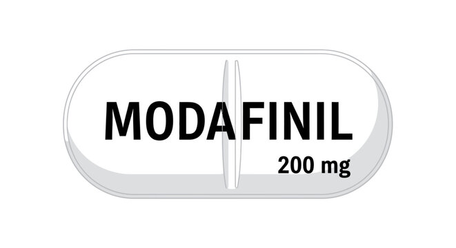 Modafinil 200 mg medical pill capsule illustration. Pharmaceutical medication for wakefulness and narcolepsy.