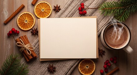 A cozy flatlay featuring a blank card, a mug of steaming hot chocolate, dried orange slices, cinnamon sticks, and star anise on a soft knitted grey scarf.