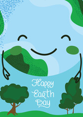 Happy Earth Day greeting card. Cute smiling planet with green trees on blue background. Eco friendly concept for kids. Bright vertical flat illustration for holiday posters and social media.