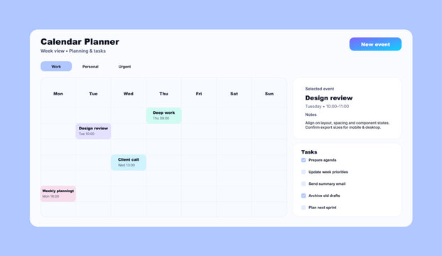 Weekly Calendar Planner Dashboard UI with Tasks and Events. Clean calendar planner interface with week view schedule and a task checklist. Modern productivity dashboard for planning. Vector UI, UX