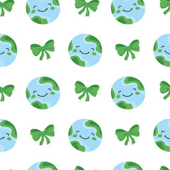 Cute Earth Day seamless pattern. Smiling planet Earth character with green bows. Eco friendly sustainability concept for kids. Bright flat background for nursery textile and wrap paper.