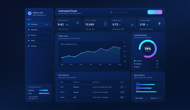 Dark Monitoring Dashboard UI with Analytics Charts and KPIs. Futuristic UI, UX, Kit with gradient, dark interface. Dashboard showing KPIs, traffic trend chart, load distribution. Vector