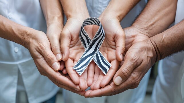 Diverse hands holding a zebra stripe awareness ribbon in unity