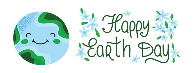 Happy Earth Day horizontal banner. Cute smiling planet Earth with blue flowers. Eco friendly celebration concept. Bright minimalist flat background for social media and posters