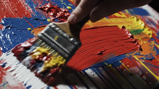 Close up of colorful brushstrokes painting on a surface
