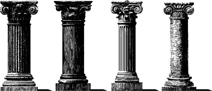 Classical architectural columns set with pilaster and bases &ndash; engraved art for design projects