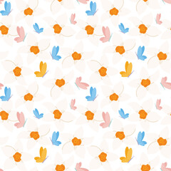 Floral seamless pattern with white daffodil flowers and colorful butterflies. Elegant spring background for garden textile, fabric, wallpaper, and gift wrap. Bright flat vector illustration for kids.