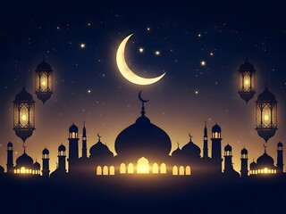 A serene night scene featuring a mosque with a crescent moon and stars