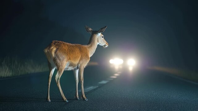 Deer standing on a dark road illuminated by car headlights at night in a quiet, rural area