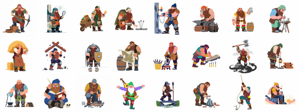 Fantasy Dwarf Character Set: Mining, Crafting, Warriors, and Everyday Life.