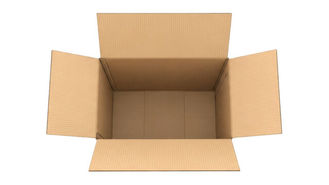 An open cardboard box with its flaps folded out on a white background