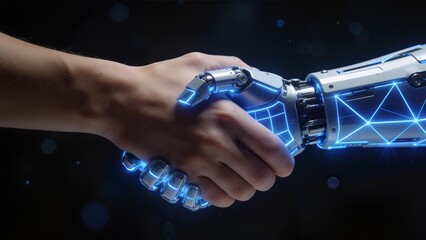 Human hand shaking with robotic arm