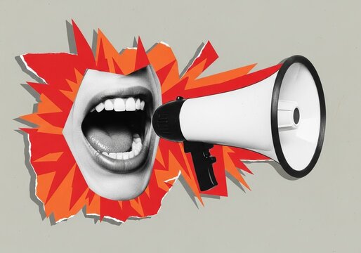Artistic collage of a shouting mouth and a hand holding a megaphone breaking through torn paper, representing loud announcements and breaking news.