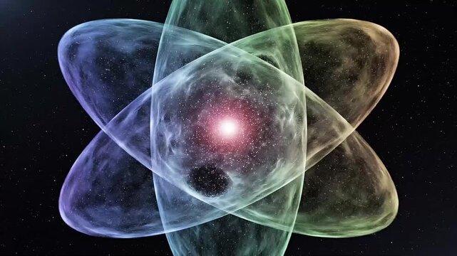 A vibrant, abstract representation of an atom's nucleus and electron orbitals, rendered in a psychedelic, colorful style
