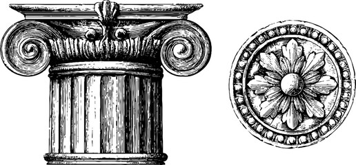 Naklejka premium Vintage greek column and capital engraving - elegant architectural design for classical decor