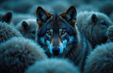 Naklejka premium Wolf with yellow eyes stands in herd of sheep. Predator hides among flock, disguised. Danger lurks in seemingly peaceful group. Deceptive animal pretends innocence.