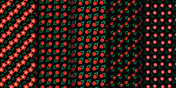 Colorful floral patterns featuring bold red flowers and green leaves against a dark background.