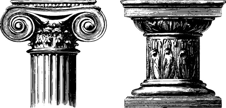 Vintage engraved illustrations of greek column capitals and bases for design