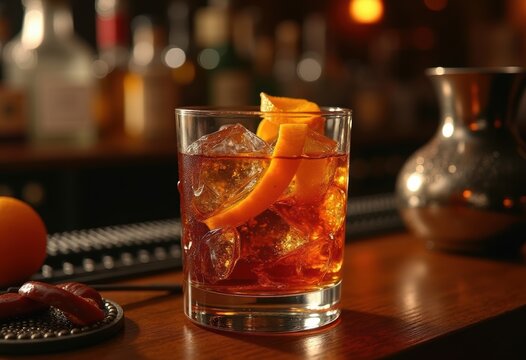 Classic Old Fashioned Drink Aromatic Orange Peel Detail Antique Speakeasy Decorative Elements