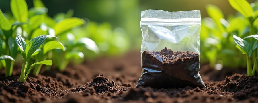 Dark soil sample in clear plastic bag stands in garden bed near tiny green plant seedlings. Growing life requires healthy earth for successful agriculture. Soil test aids plant care.