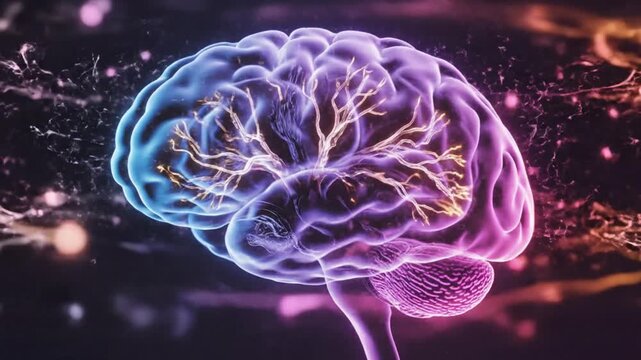 A video showcasing a vibrant, glowing brain with neural connections in a dark background