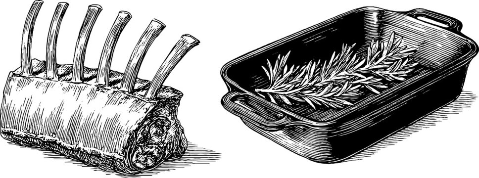 Vintage engraving of lamb rack and roasting pan with rosemary