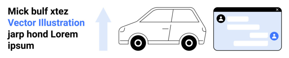 Obraz premium Transportation, communication, user interfaces, digital connectivity, modern apps, vehicle technology. A car silhouette next to a chat window and upward arrow. Transportation and communication