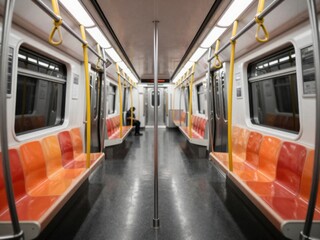 Empty Subway Car Interior with Seating, Handrails, and Lighting for Commuting and Urban Transport