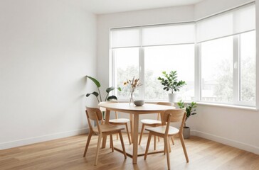 Bright Dining Room Interior with Wooden Table, Chairs, Plants, and Natural Light from Large Windows