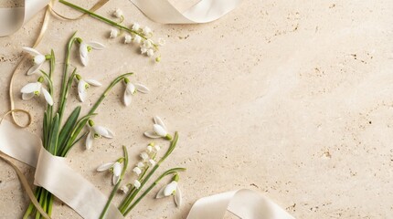 Elegant Minimalist Spring Background with White Flowers and Stone Texture for Branding