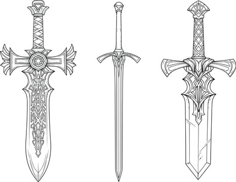 Fantasy Swords Collection: Ornate and Stylized Blades with Decorative Hilts - Line Art Illustration