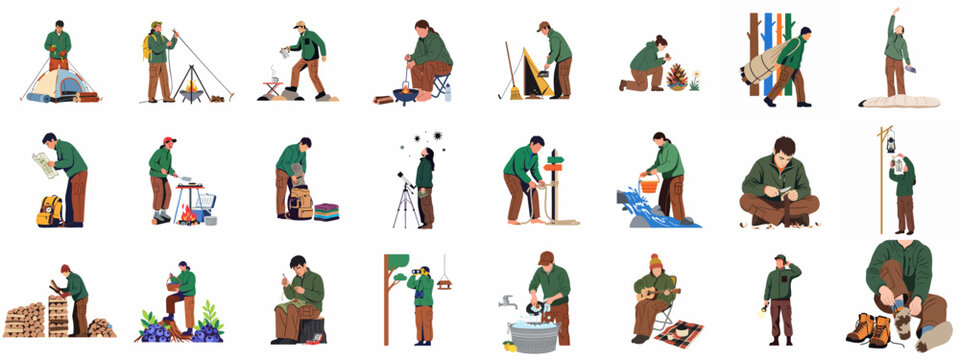 Outdoor Adventure and Bushcraft Activities Vector Set: People Camping, Hiking, Cooking, Stargazing, and Surviving in Nature.