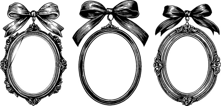 Vintage oval frame set with ribbon bows - hand-drawn engraving for design and decoration
