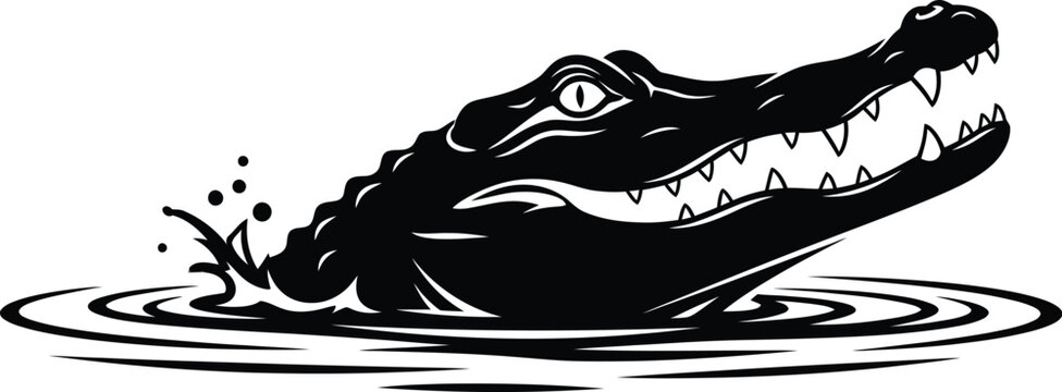 Black alligator emerging from ripples in water with sharp teeth, splashing, illustration