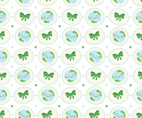 Smiling Earth and green bows in medallions with hearts. Sustainable lifestyle seamless pattern. Eco branding design for organic packaging, stationery, and textile. Creative green concept.