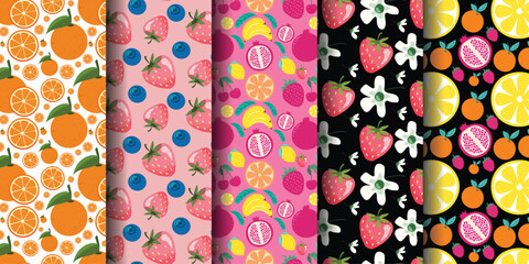 Colorful fruit pattern designs with vibrant oranges, strawberries, and other tropical fruits.