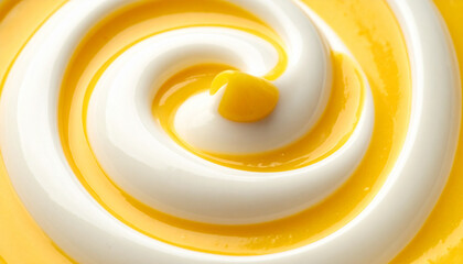Yogurt with mango puree swirl macro creamy dessert